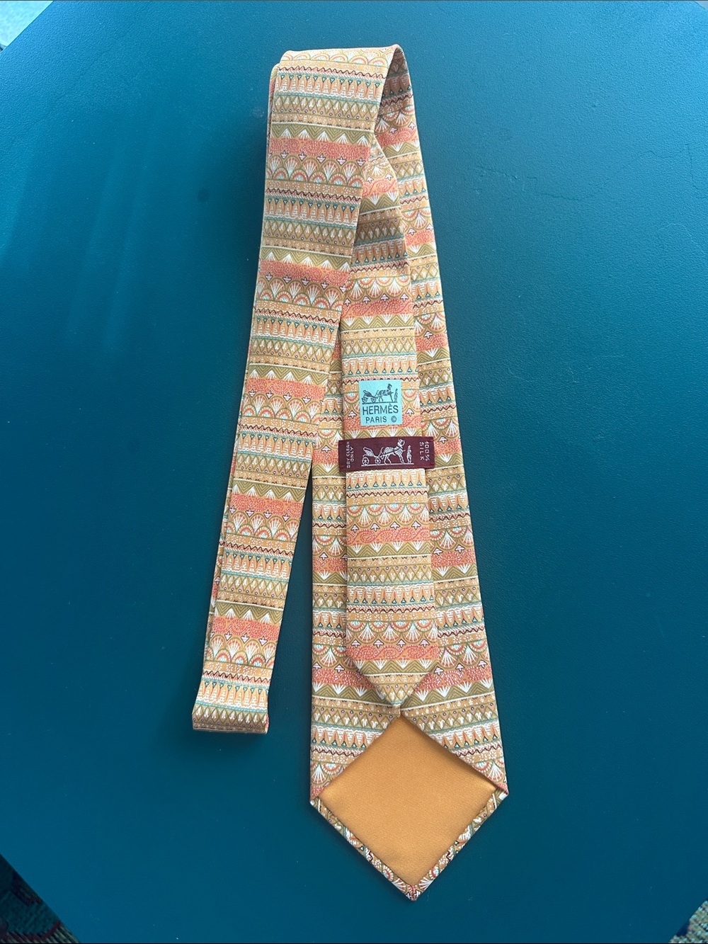 Hermes Orange and Cream Patterned Silk Tie